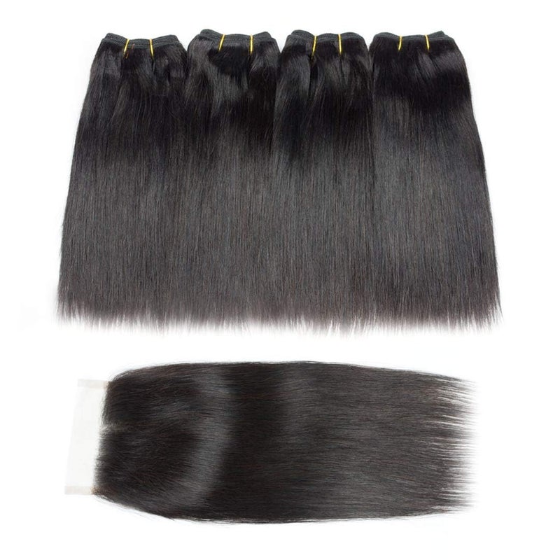 Selina Straight Human Hair Bundles With Closure 8 8 8 8+8 Inch 4x4 Lace Closure 100% Brazilian Virgin Human Hair 4 Bundles Wiht Closure Deals Hair Extensions Qucik Weave Bundles Natural Black - Image 3